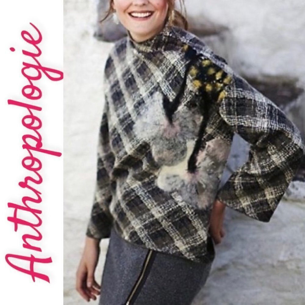 ANTHROPOLOGIE‎ TROUBADOUR Soft Wool Blend Petal Plaid Floral Sweater, Medium